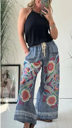 Women's Lace-up Denim Print Pocket Baggy Pants - Flowers - View 1