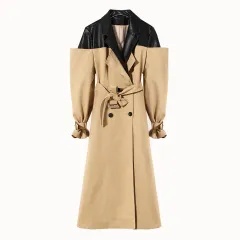 Women's Double Breasted Overknee Coat - Khaki Black - View 1