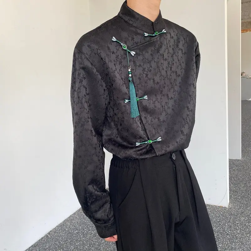 Satin Jacquard Stand-up Collar Long-sleeved Shirt