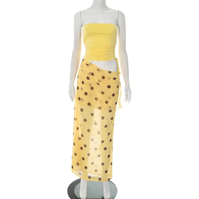 European And American Style Tube Top Hollow out Dot Mesh Slim fit Jumpsuit Long Dress For Women Yellow - Shop at LoveMi
