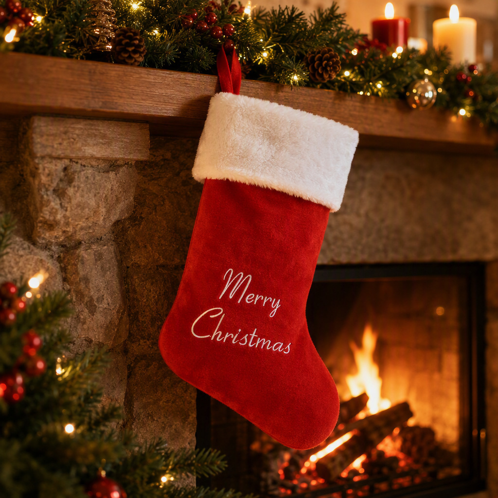 Merry Christmas Velvet-Style Stocking — product details