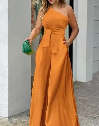 Summer Diagonal Collar Single-side Lace-up Irregular Strapless High Waist Pocket Wide-leg Pants Casual Jumpsuit - Orange