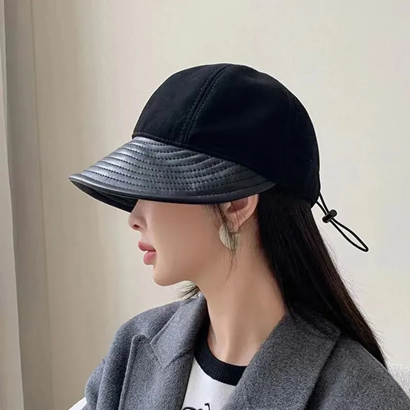 Autumn And Winter Genuine Leather Bucket Hat Korean Style - Black