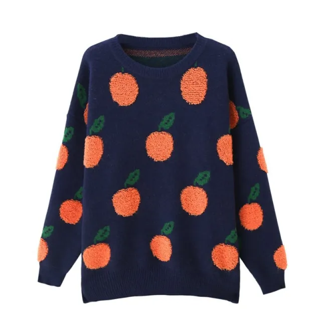 Casual Orange Round Neck Long Sleeve Knitted Pullover Navy Blue - Shop at LoveMi