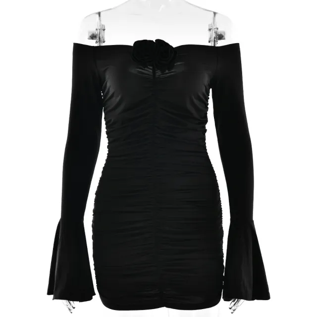 Tube Top Off neck Sheath Lady Sexy Pleated Long Sleeve Dress Black - Shop at LoveMi