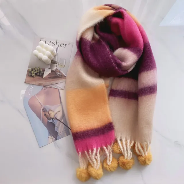 Dopamine Rainbow Striped Rabbit Hair Ball Scarf For Women Artistic Yellow Khaki - Shop at LoveMi