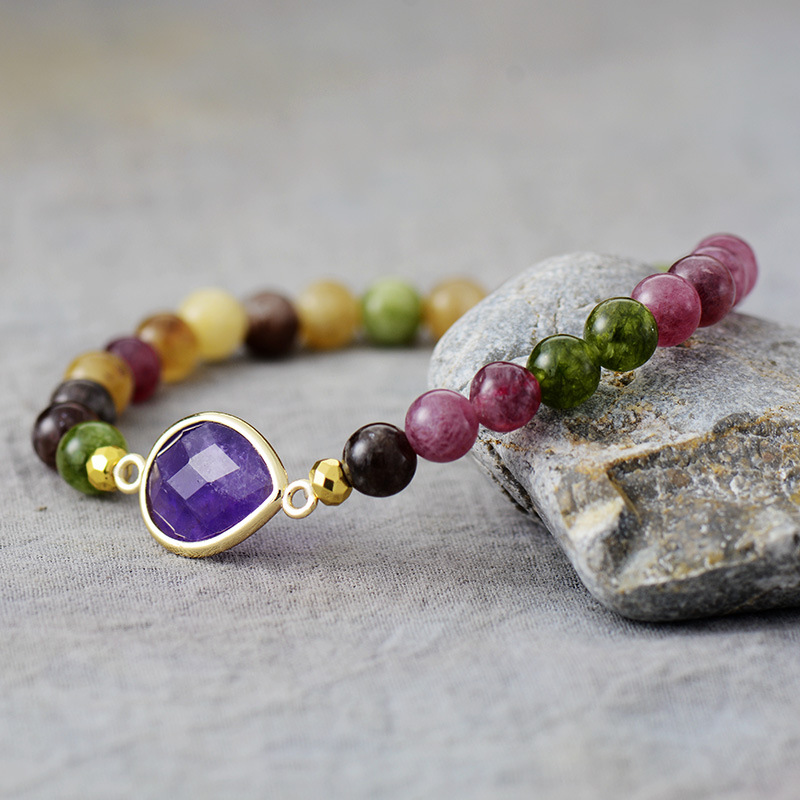 Natural Stone Amethyst Tourmaline Crystal Handmade Elastic Beaded Bracelet Jewelry