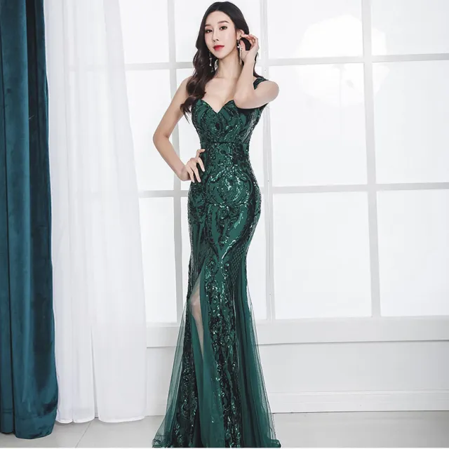 Fishtail Long Summer Sequins Sling Evening Dress Banquet Green - Shop at LoveMi