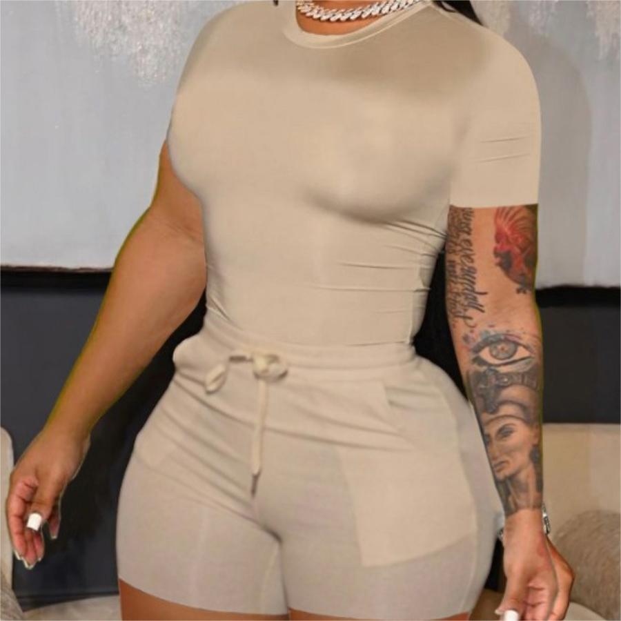 Come To Picture A Chalk Printed Women's Solid Color Casual Belt Drawstring Shorts Two-piece Set