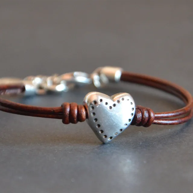 Bohemian Style Heart shaped Multi part Bracelet Leather Rope Retro Minimalist Silver - Shop at LoveMi