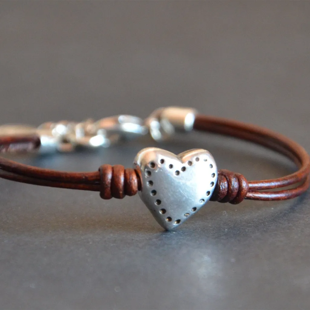 Bohemian Style Heart-shaped Multi-part Bracelet Leather Rope Retro Minimalist - Silver