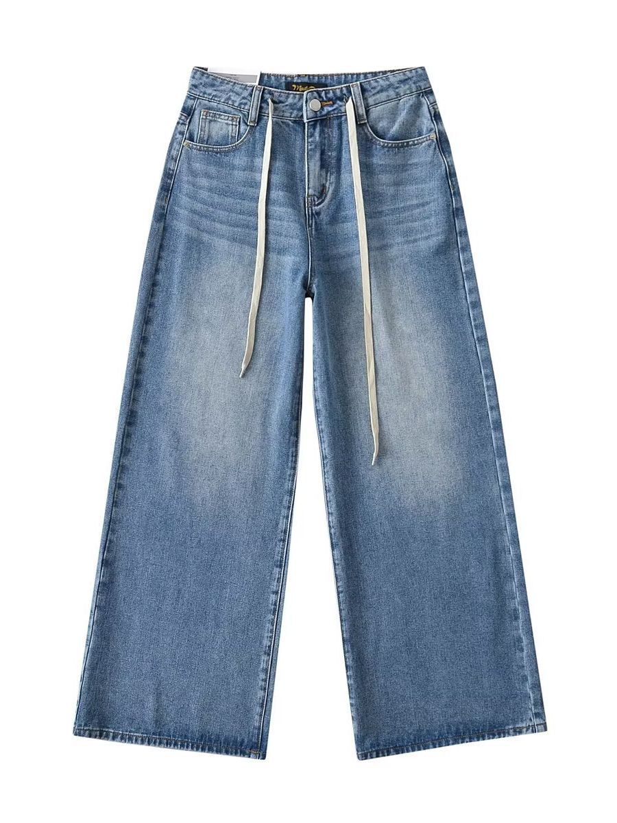 New High Waist Drawstring Ribbon Casual Loose Straight Jeans Denim Blue - Shop at LoveMi