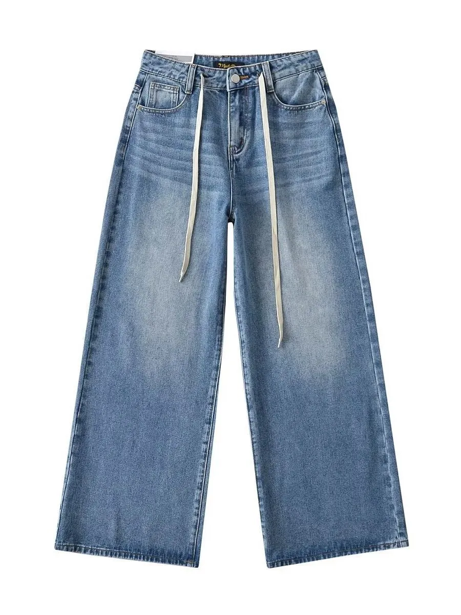 New High Waist Drawstring Ribbon Casual Loose Straight Jeans - Denim Blue
