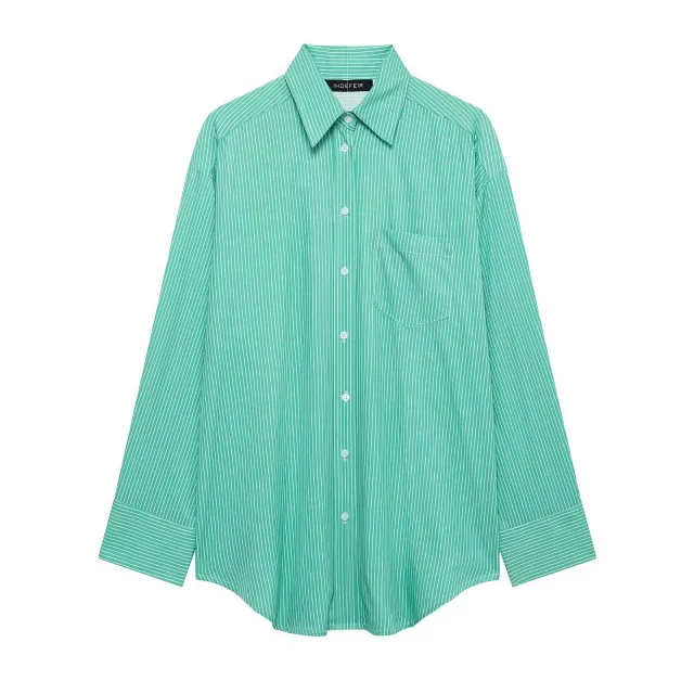European And American Leisure Striped Loose Long Shirt Green - Shop at LoveMi