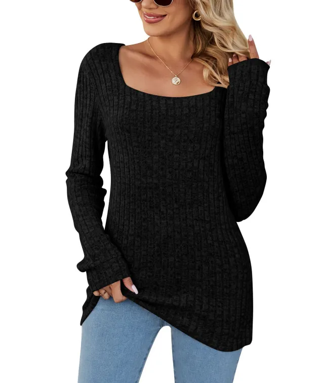 Square Collar Hollow Striped Brushed Casual Long Sleeve Black - Shop at LoveMi