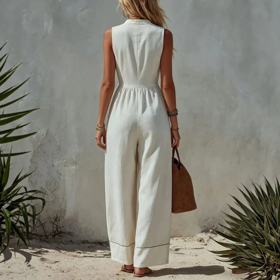 Women's sleeveless maxi jumpsuit in sky blue – loose fit wide-leg style