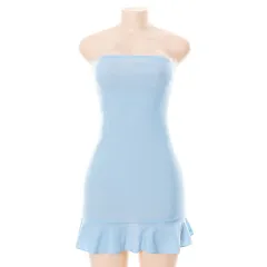 Solid Color Pleated Sheath Short Dress - Blue - View 1