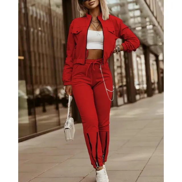 Zipper Design Long Sleeve Top Drawstring Pants Casual Suit Red - Shop at LoveMi