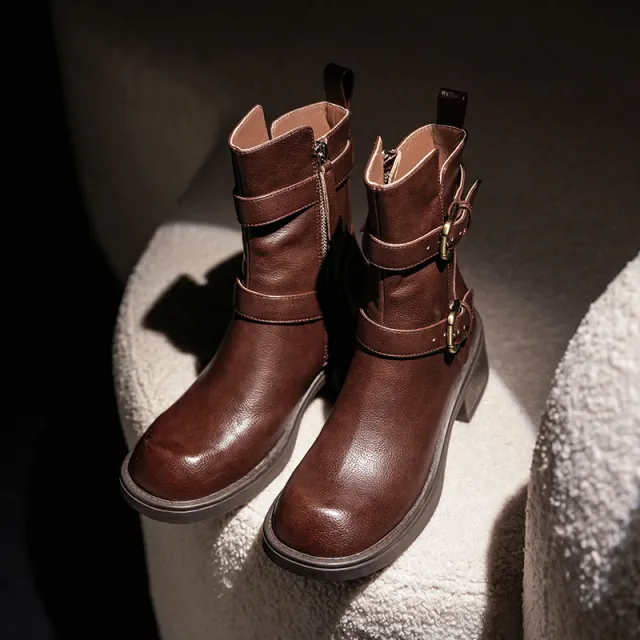 Women's Double Belt Buckle Side Zipper Chunky Heel Ankle Boots Red - Shop at LoveMi