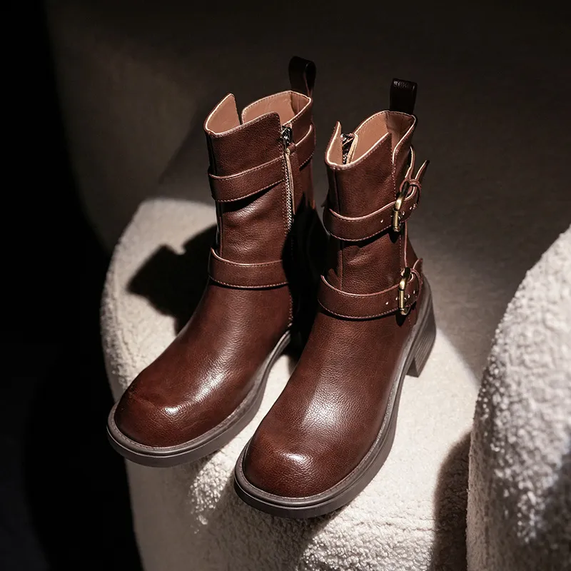 Women's Double Belt Buckle Side Zipper Chunky Heel Ankle Boots - Red