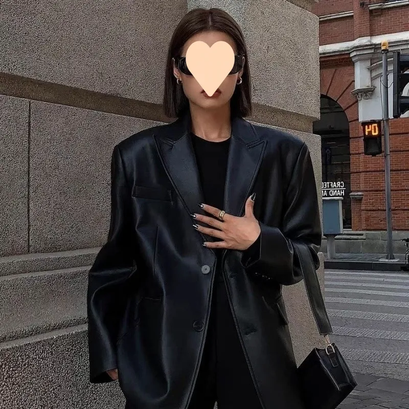Spring And Autumn Suit Women's Leather Coat - Black