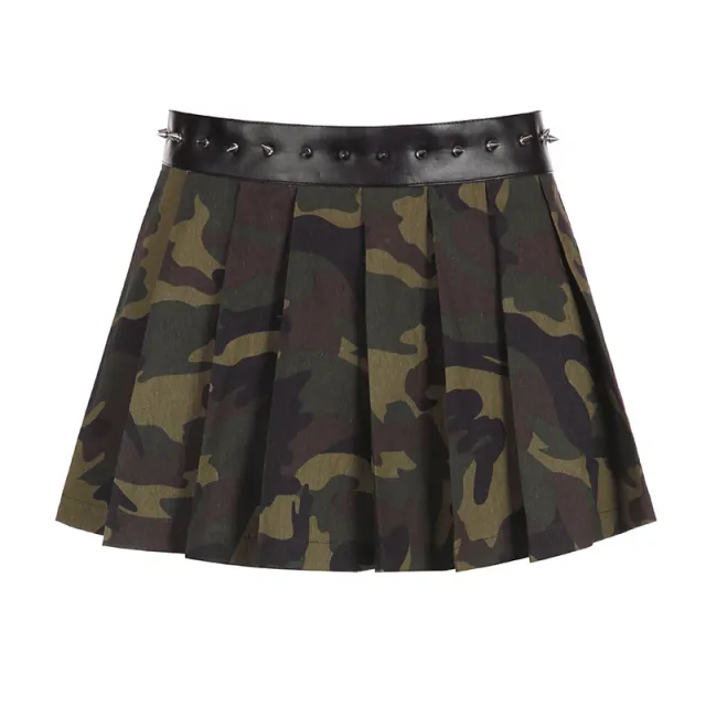 Street Style Camouflage Printed Rivets Pleated Skirt Low Waist Sexy Skirt Fan Color - Shop at LoveMi