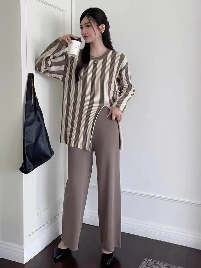 Vertical Stripes Crew Neck Split Knitwear Top High Waist Wide Leg Trousers Fashion Two-piece Suit - Brown