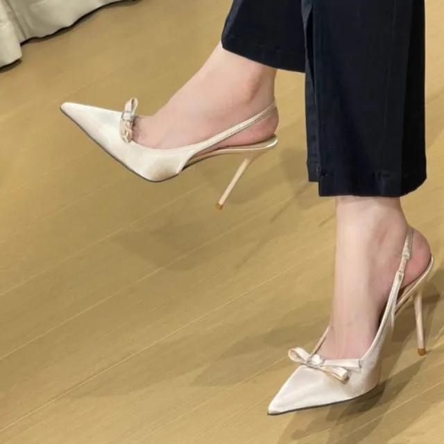 Gentle Lady Style High Heel Sandals Stiletto Heel Nude Color Low cut Bowknot Pointed Toe Nude - Shop at LoveMi