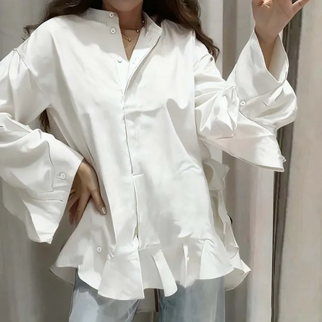 Solid color Top With Ruffled Hem, Stand up Collar, And Batwing Sleeves White - Shop at LoveMi