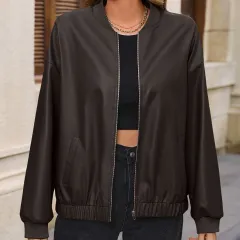 Women's Solid Color European And American Leisure Short Leather Jacket - Coffee - View 1