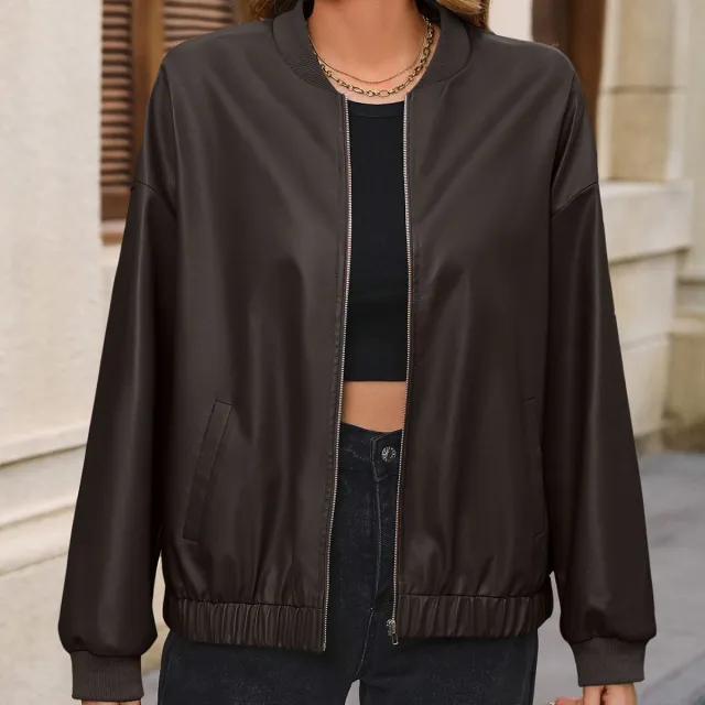Women's Solid Color European And American Leisure Short Leather Jacket Coffee - Shop at LoveMi