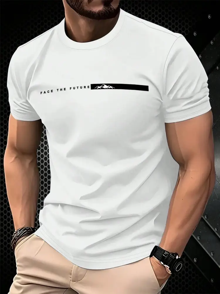 Mens Casual Sporty Loose-fit Round-neck Short-sleeve With Print