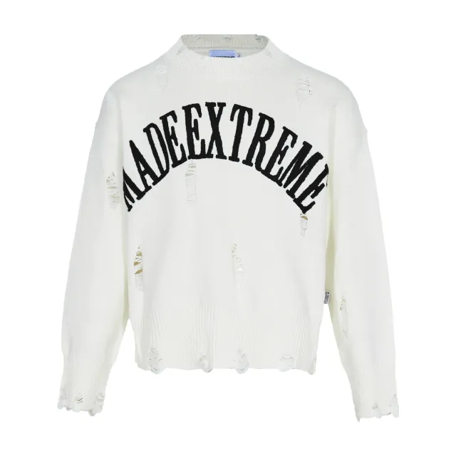 Letter Idle Style Wormhole Damaged Knitted Sweater White - Shop at LoveMi