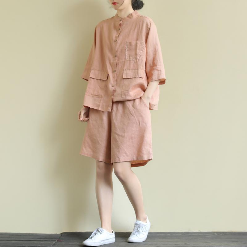 Loose-fit Plus-size Two-piece Set For Women Mandarin-collar Shirt And High-waisted Wide-leg Shorts