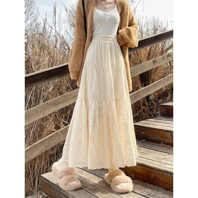 New French Style Retro Elastic Waist Pure Cotton Embroidery Long Dress Apricot - Shop at LoveMi