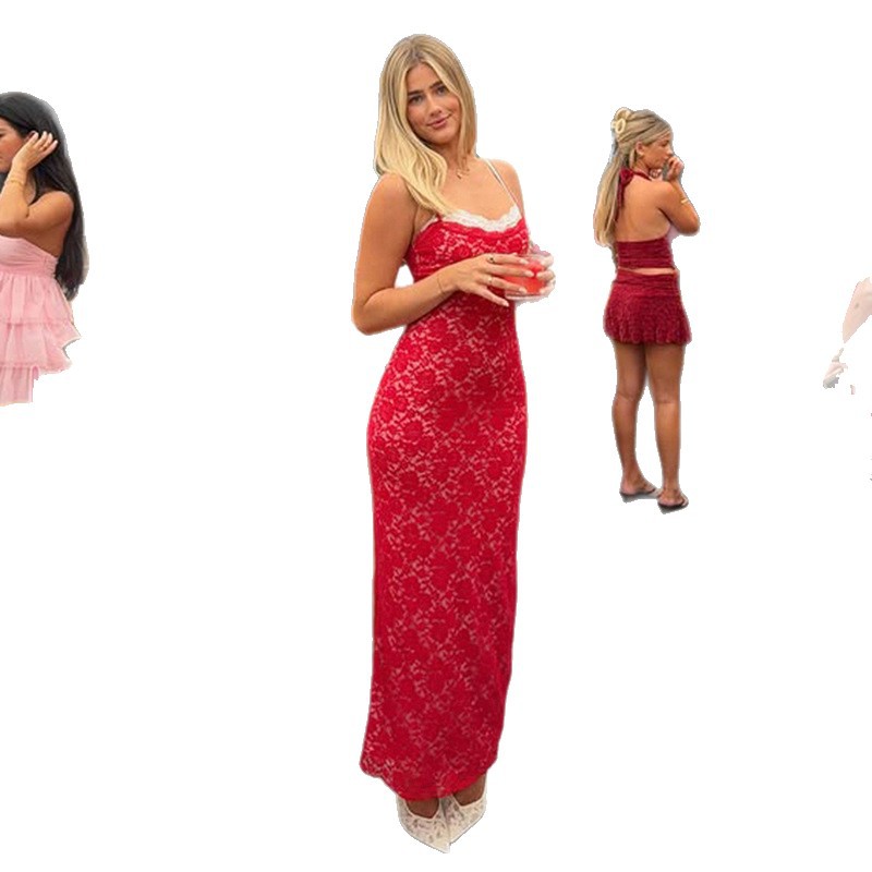 Double-layer Stitching Contrast Color Lace Dress