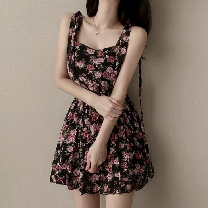 Short Sleeveless Floral-print Wrap Dress