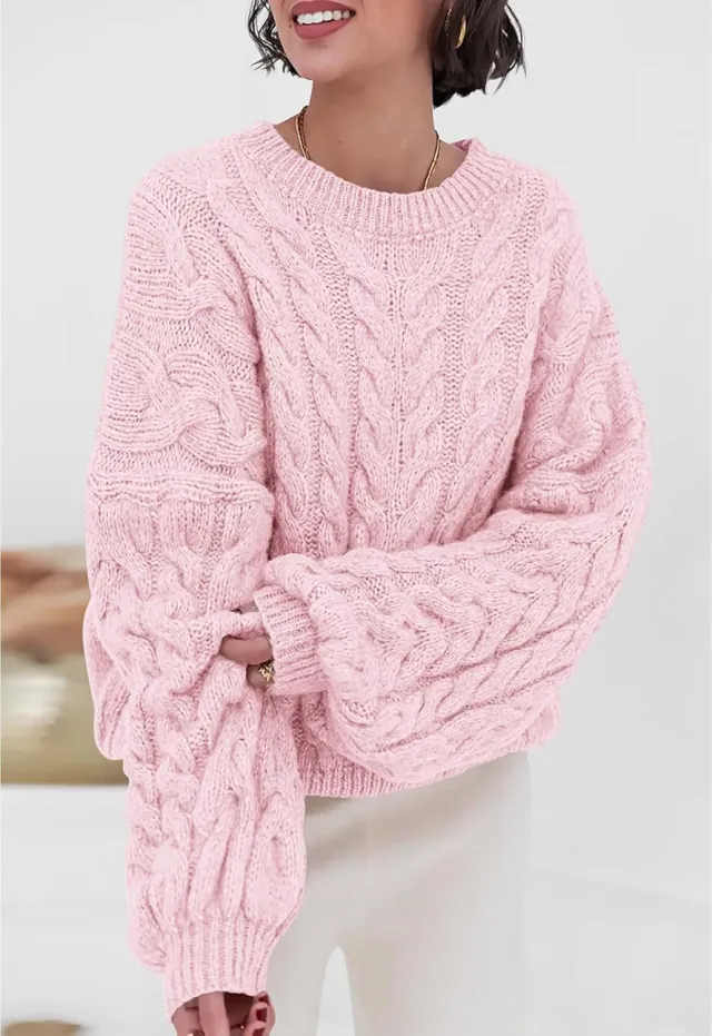 Thick Needle Hemp Flower Loose Pullover Round Neck Long Sleeve Sweater Pink - Shop at LoveMi