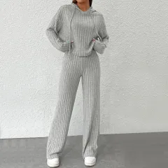 Women's Simple Hooded Fashion Suit Autumn And Winter Home Solid Color Lazy Two-piece Set - Gray - View 1