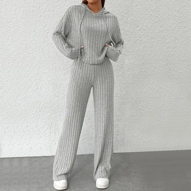 Women's Simple Hooded Fashion Suit Autumn And Winter Home Solid Color Lazy Two piece Set Gray - Shop at LoveMi