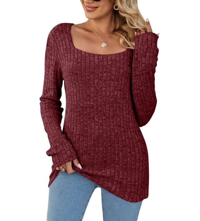 Square Collar Sunken Stripe Brushed Casual Long Sleeve Women Wine - Shop at LoveMi