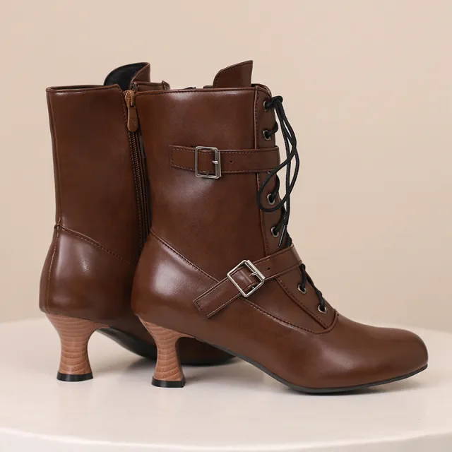 Comfortable Mid Heel Burnt Flower 40 50 Plus Size All match Lace up Low Tube Women's Boots Brown - Shop at LoveMi