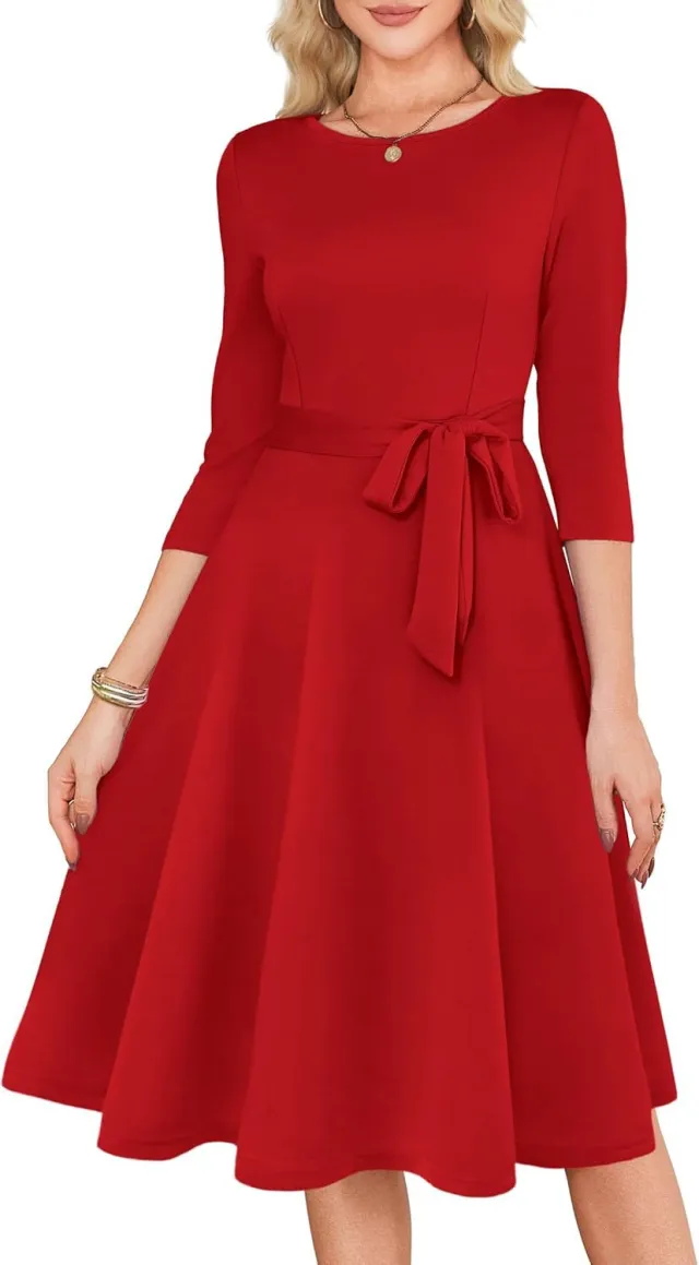 New Solid Color Cocktail Dress With 34 Sleeves, Vintage Style, Elegant Round Neck Gown For Wedding Guests Red - Shop at LoveMi