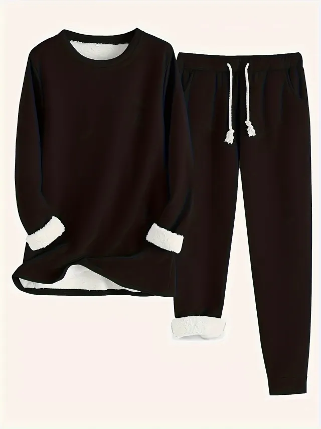 Solid Color Casual And Comfortable Thermal Quilted Homewear Suits Black - Shop at LoveMi