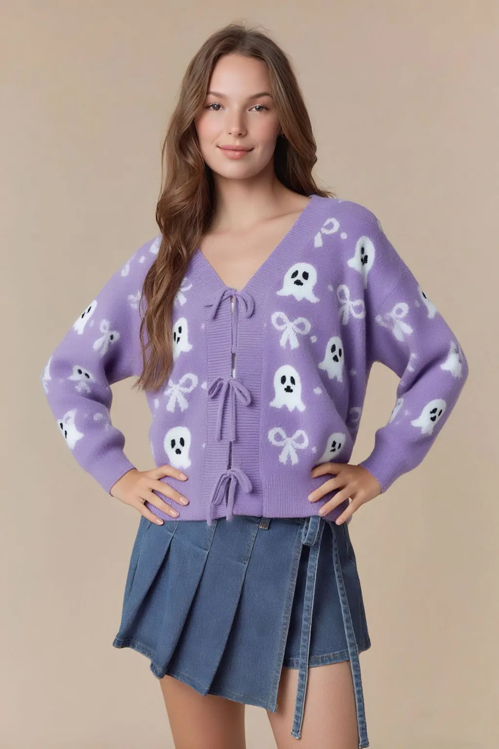 New Jacquard V-neck Cardigan Women's Long-sleeved Sweater - Light Purple Ghost