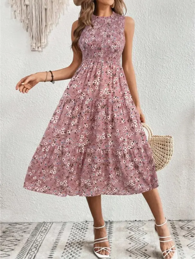 Sleeveless Round Neck Smocking Dress High Waist Slimming Design Lotus Root Starch Color Tone L - Shop at LoveMi