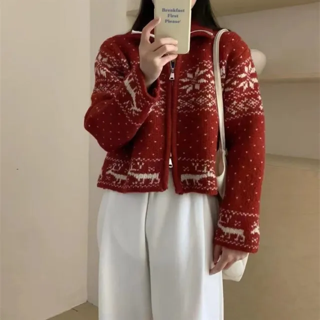 South Korea Retro Heavy Industry Snowflake Brocade Sweater Coat Red - Shop at LoveMi