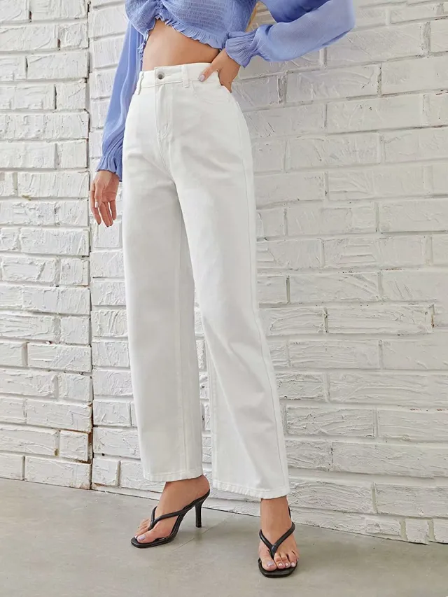 High Waist Wide Leg Jeans Slim Mop Straight Retro Hanging White - Shop at LoveMi