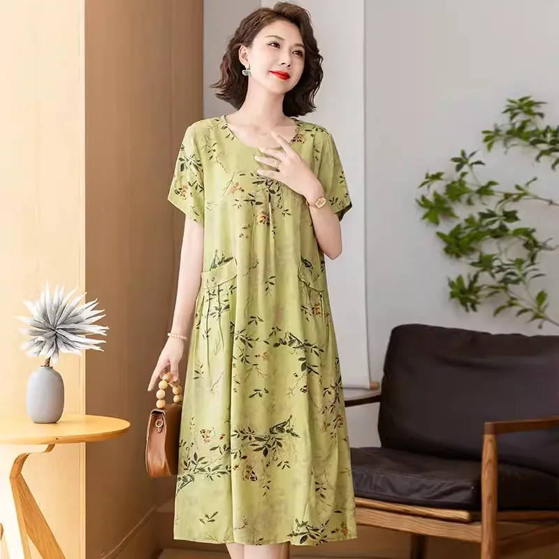 Middle-aged And Elderly Women's Cotton Silk Printing Maxi Dress - No 47-Xl