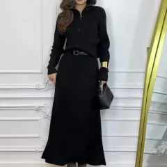 Solid-colour Long-sleeve Zip-up Jacket And Skirt Fashion Set - Black - View 1